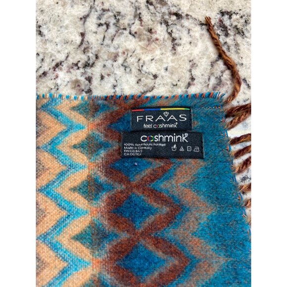 Fras Feel Cashmink Womens Rectangle Scarf Zigzag Fringe Blue Orange Brown Warm - Picture 3 of 7